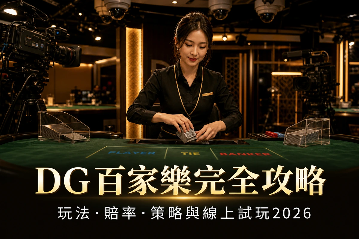 DG 真人百家樂攻略封面,荷官於直播攝影棚現場處理牌靴