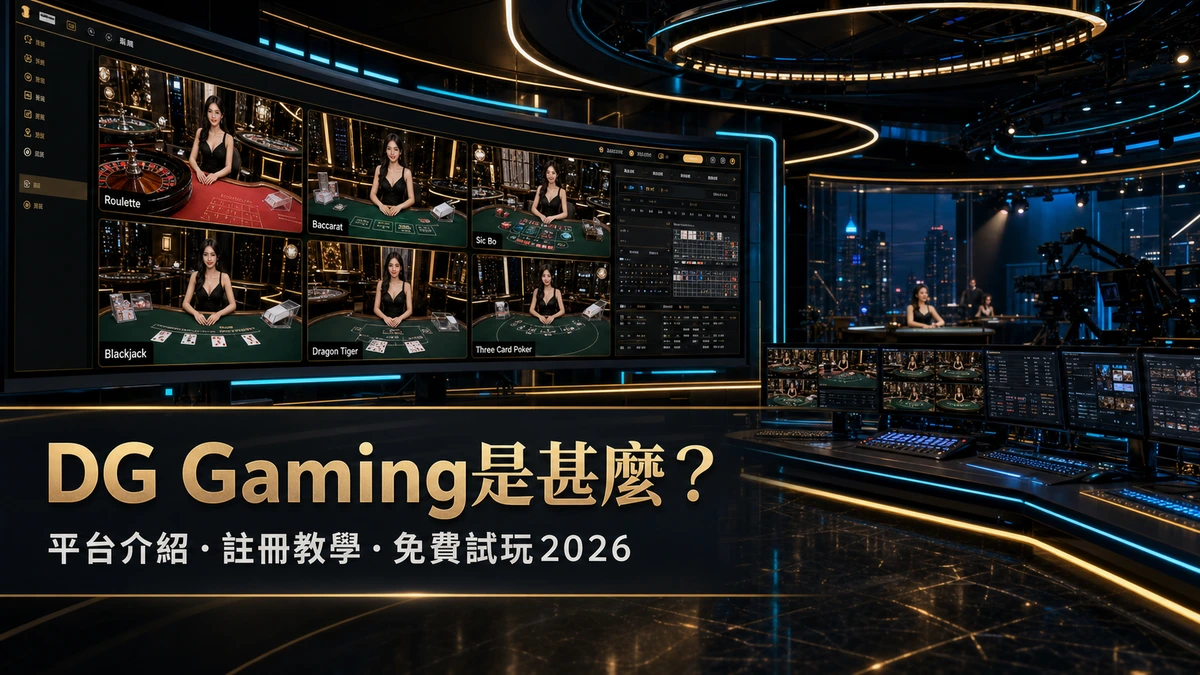 DG Gaming 夢幻娛樂城平台介紹封面,直播控制室多屏幕顯示各個真人桌台